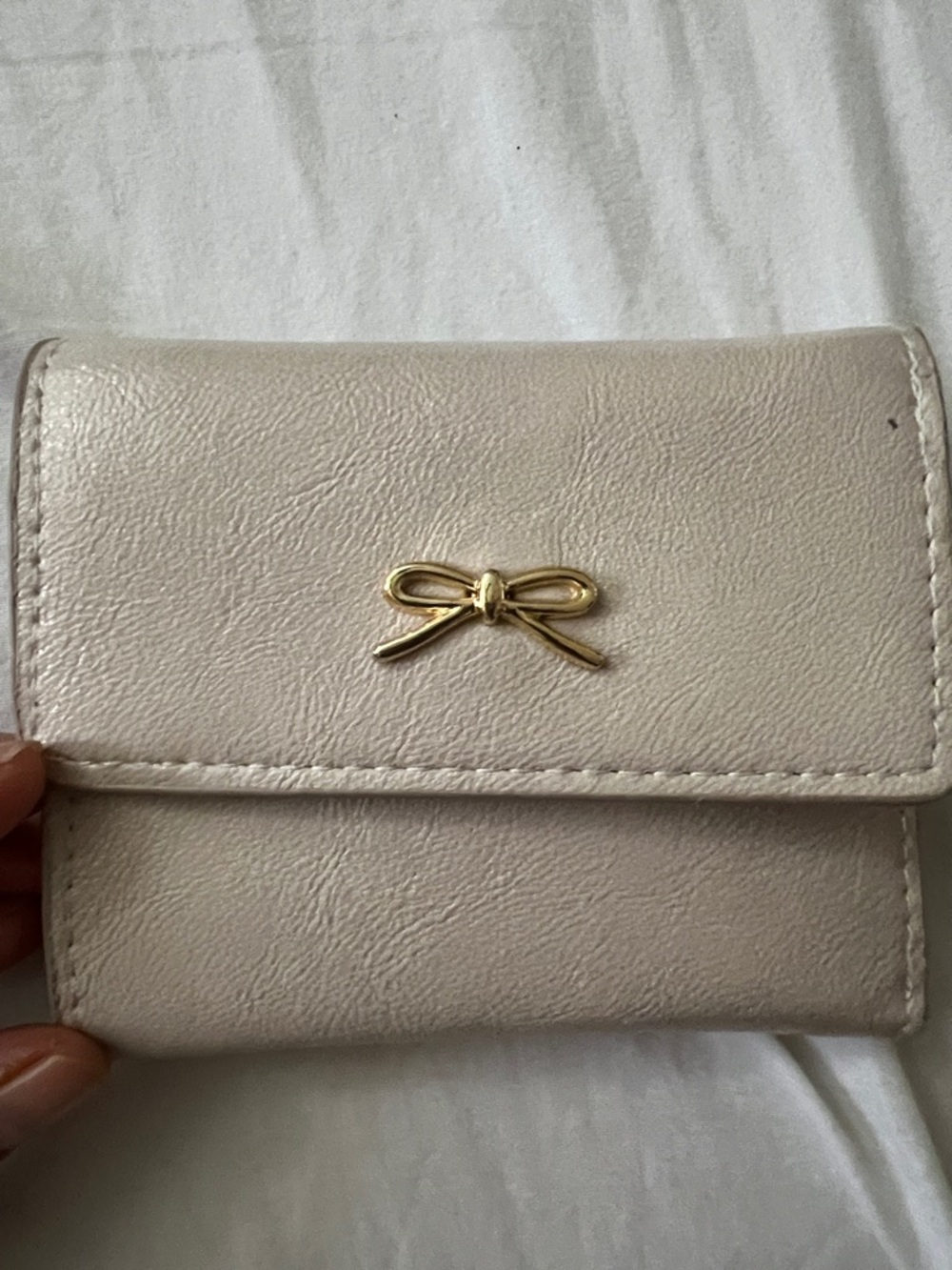 Cream Compact Wallet with Gold Bow Accent